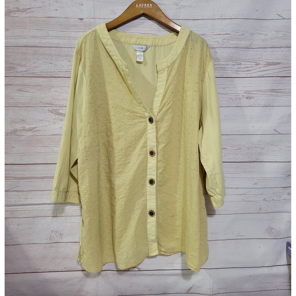CJ Banks Button Up Eyelet Lace Top Womens 3X Yellow V Neck 3/4 Sleeve Relaxed